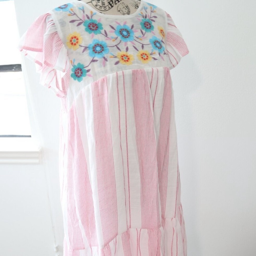 NWT Perch Dress Womens Size S Boho Embroidered Striped Floral Ruffle
